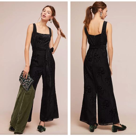 ANTHROPOLOGIE x MOULINETTE SOUERS Noir Velvet Burnout Jumpsuit Black {3T19} - Picture 1 of 6
